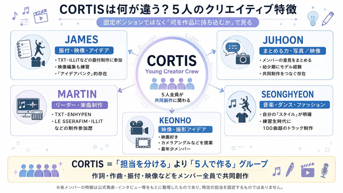 CORTISメンバー5人のJAMES、JUHOON、MARTIN、SEONGHYEON、KEONHOが振付、楽曲制作、映像、ファッションなどどの分野で特徴を持つか整理した図解