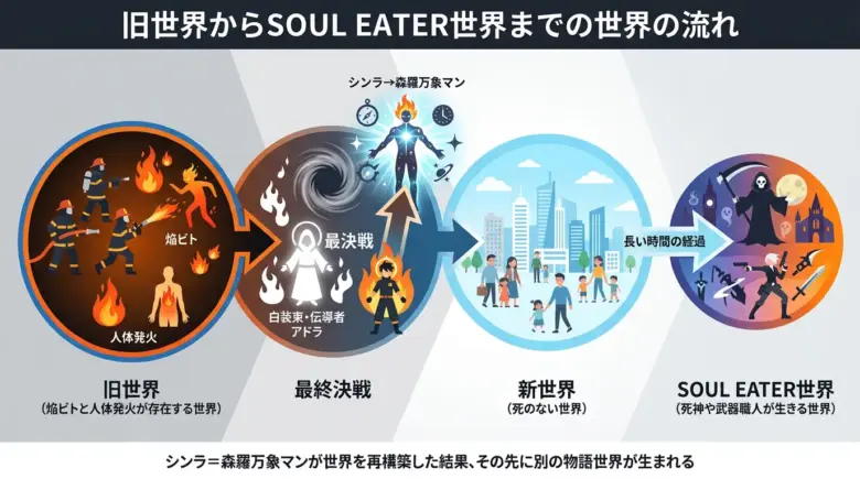 炎ノ消防隊最終話における「世界の流れ」とSOUL EATER世界への接続図解