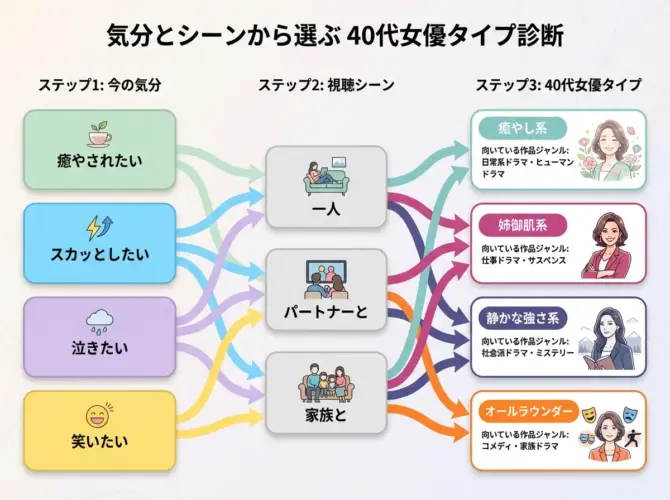 気分・視聴シーンから“自分に合う40代女優タイプ”にたどり着くフローチャート