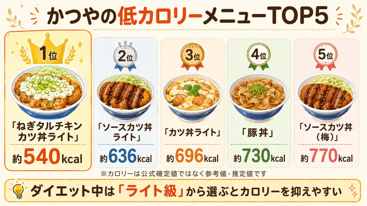 かつやのカロリーが低いメニューを参考値で比較したランキング図