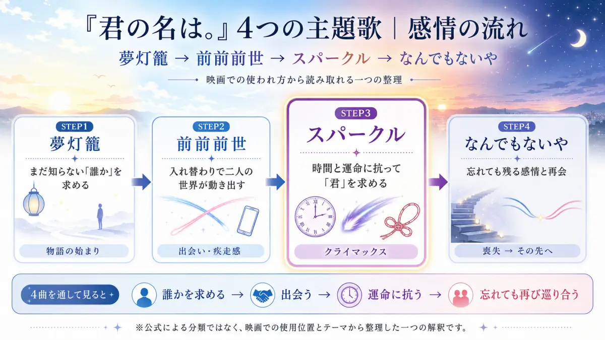 君の名は。の4つの主題歌である夢灯籠・前前前世・スパークル・なんでもないやを、物語の感情の流れに沿って整理した図解