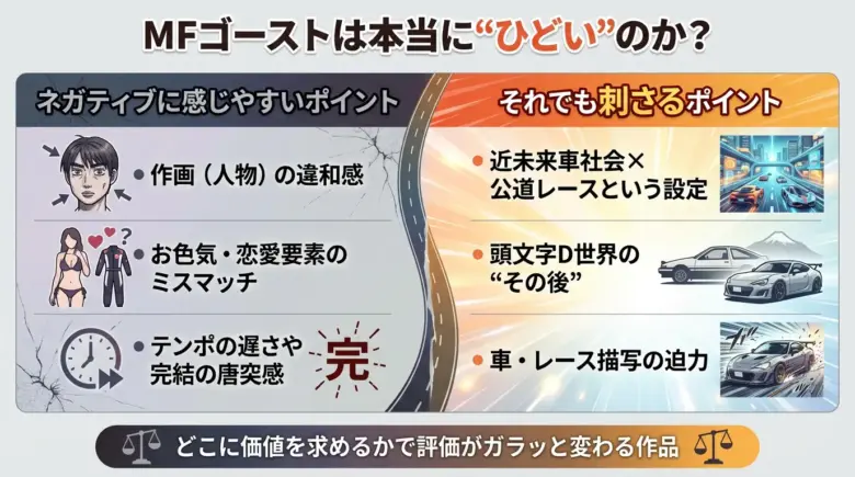 「『MFゴースト』が“ひどい”と言われるポイント vs “刺さる”ポイント」対比図