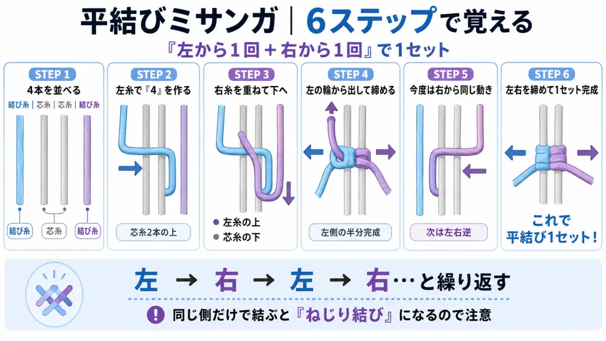 初心者向けにミサンガの平結びを、芯糸と結び糸の配置から左右交互に結んで1セット完成するまで6ステップで解説した図解