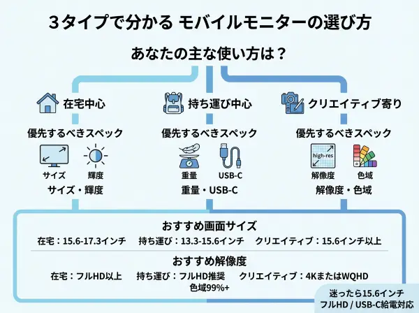 用途タイプ別・モバイルモニター選びのフローチャート
