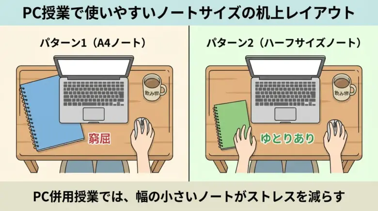 PC併用授業におけるノートサイズの机上レイアウト