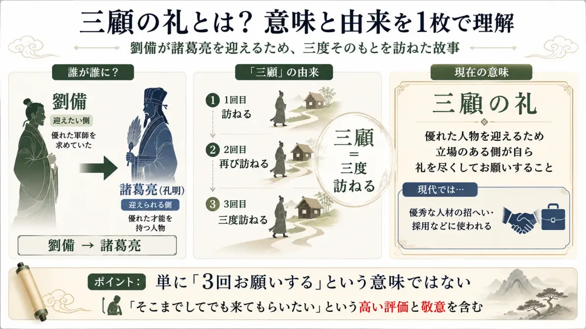 三顧の礼の意味を、劉備が諸葛亮を迎えるため草庵を三度訪ねた故事と現代での使い方から分かりやすく説明した図解