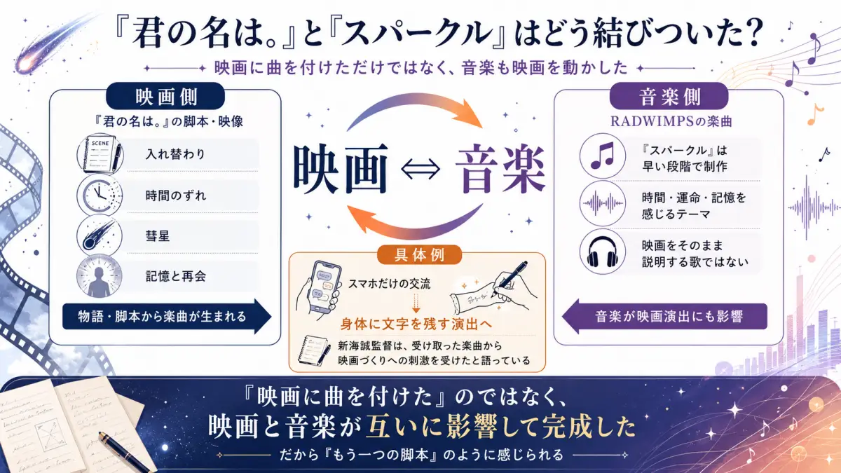 RADWIMPSのスパークルと映画君の名は。が、脚本や映像から音楽が生まれ、音楽から映画の演出にも影響する形で制作された関係を示した図解