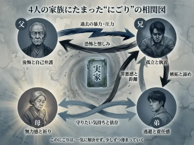  漫画『住みにごり』における家族四人の「にごり」の関係図