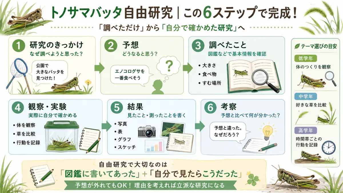トノサマバッタの自由研究を、研究のきっかけ・予想・調べたこと・観察実験・結果・考察の6ステップでまとめた図解