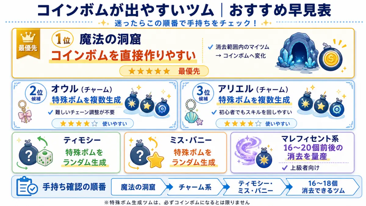 ツムツムでコインボムが出やすい魔法の洞窟、オウル（チャーム）、アリエル（チャーム）、ティモシー、ミス・バニーなどのおすすめツムを整理した早見図