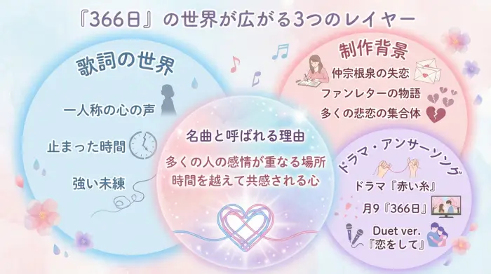 『366日』の歌詞、制作背景、ドラマやアンサーソングという3つの円が重なり、曲の世界がどのように広がっているかを示すベン図風の図解