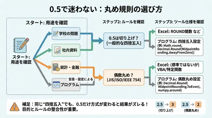 0.5の丸め方を用途別に選ぶ判断フロー。学校式、Excel、偶数丸めの違いを整理