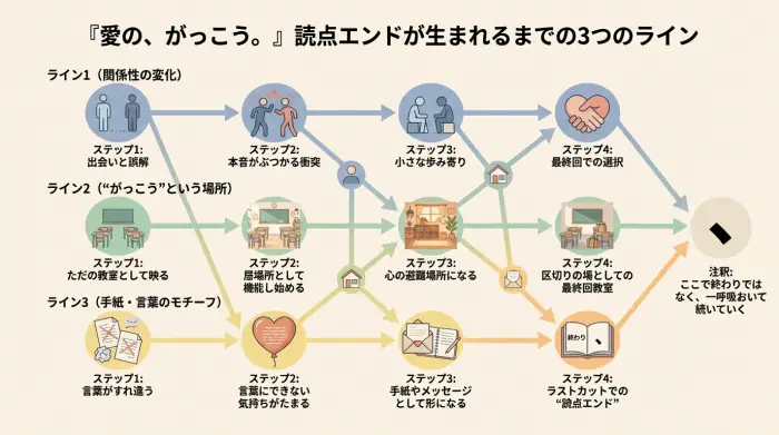 ドラマ『愛の、がっこう。』の全話を通じて、関係性・居場所・言葉の3つのラインが最終回の読点エンドで交わる様子を時系列で示した図