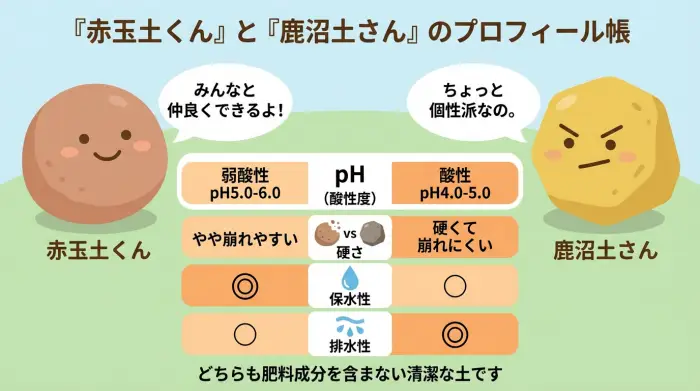 赤玉土と鹿沼土の主な違いを比較するインフォグラフィック