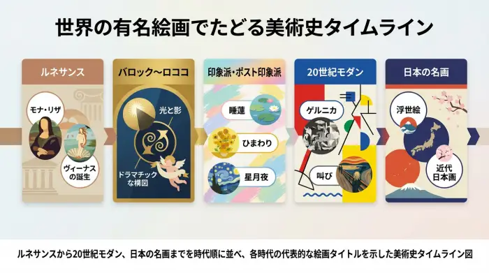 美術史タイムラインと代表作の関係を一目で示す図