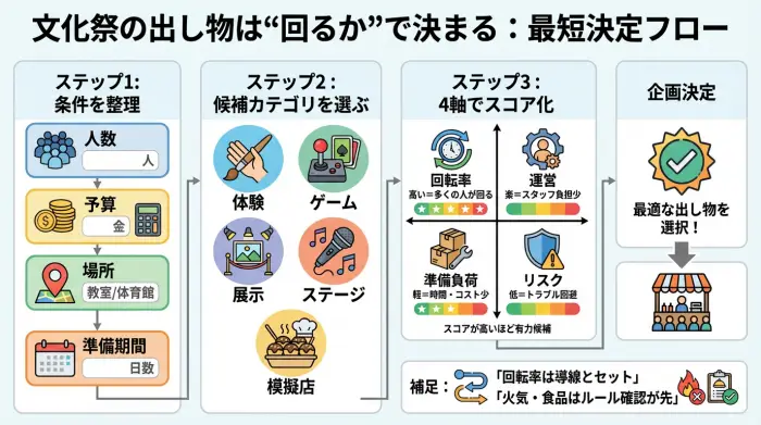 文化祭の出し物を条件整理から回転率・運営・準備負荷・リスクでスコア化して決める4ステップ図解