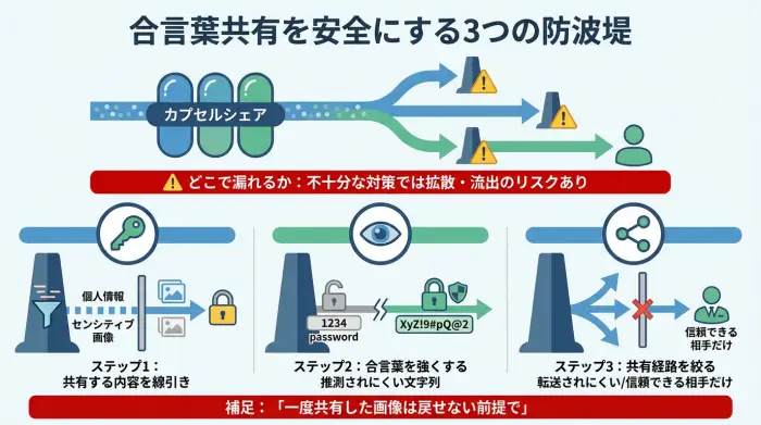 カプセルシェアの合言葉共有を安全に使うための3つの対策（線引き・合言葉強化・共有経路の限定）