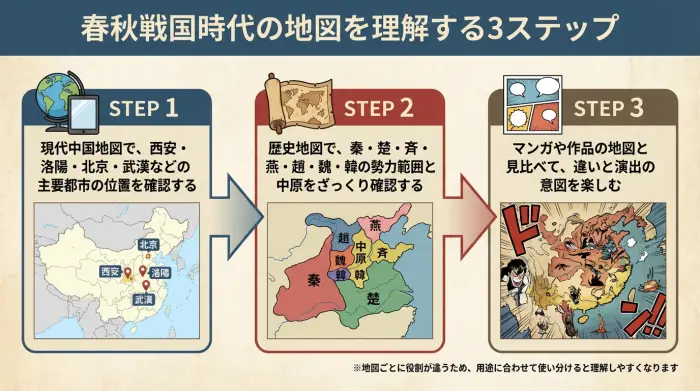 現代中国地図から歴史地図、マンガ地図へと順番に見ていく三ステップを示したフロー図