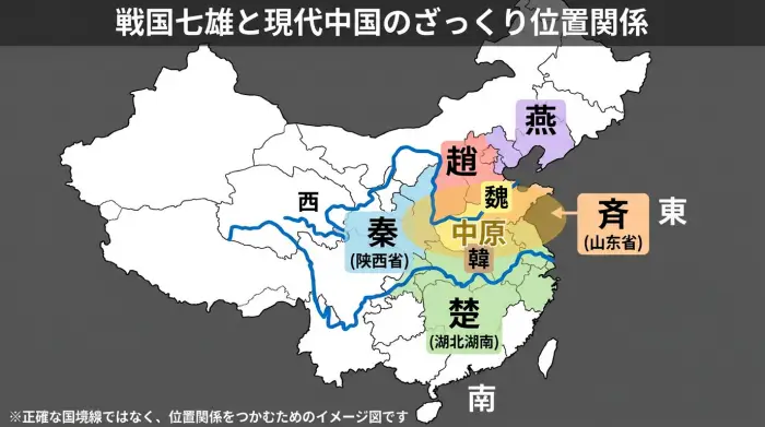 中国地図の上に戦国七雄の位置を色分けで示し、秦は西、楚は南、斉は東、中原は黄河中流域にあることを表した図