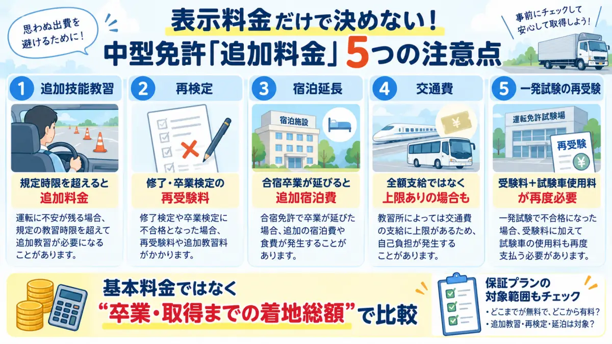 中型免許取得時に追加教習や再検定など追加料金が発生するポイントをまとめた図解