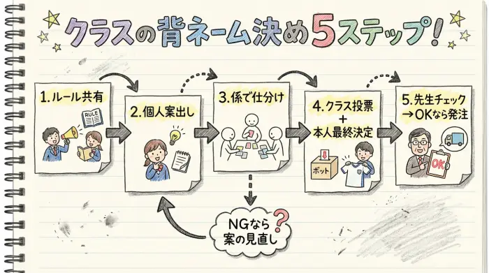 背ネーム決め5ステップのフロー図