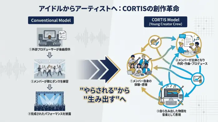 一般的なアイドルのトップダウン型制作フローと、CORTISのメンバーが起点となる循環型制作フローを比較した図解