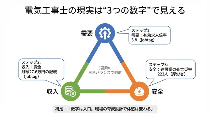 電気工事士の需要・収入・安全を求人倍率3.8、賃金27.6万円、建設業死亡災害223人で示した図
