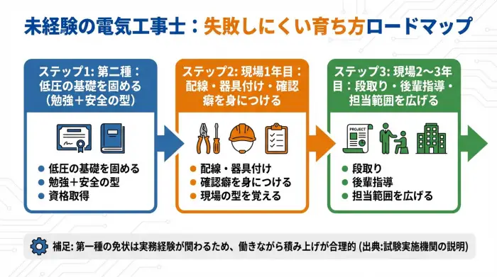 未経験が第二種取得から現場経験を積み第一種を目指す流れを年次で示した図