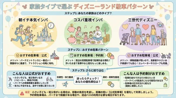 家族のタイプ別に、東京ディズニーランドの公式駐車場と予約制駐車場のおすすめ組み合わせを示したフローチャート図
