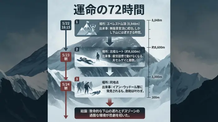 エベレストの「眠れる美女」フランシス・アーセンティエフの遭難に至るまでのタイムラインを図解したインフォグラフィック