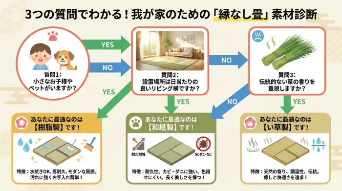 ライフスタイルに関する3つの質問に答えることで、い草、和紙、樹脂の中から最適な縁なし畳の素材がわかる診断フローチャート