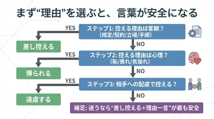 憚られると差し控えるの使い分けを理由別に示した判断フロー図
