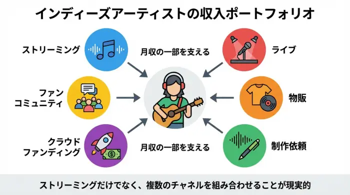インディーズアーティストの収入源が、ストリーミング、ライブ、物販、制作依頼、クラウドファンディング、ファンコミュニティなど複数のチャネルで構成されていることを示す図