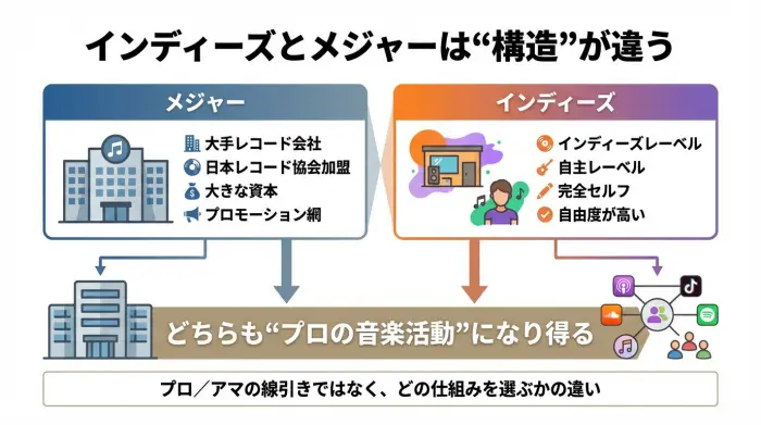 インディーズとメジャーが活動の構造としてどう違うかを対比した図