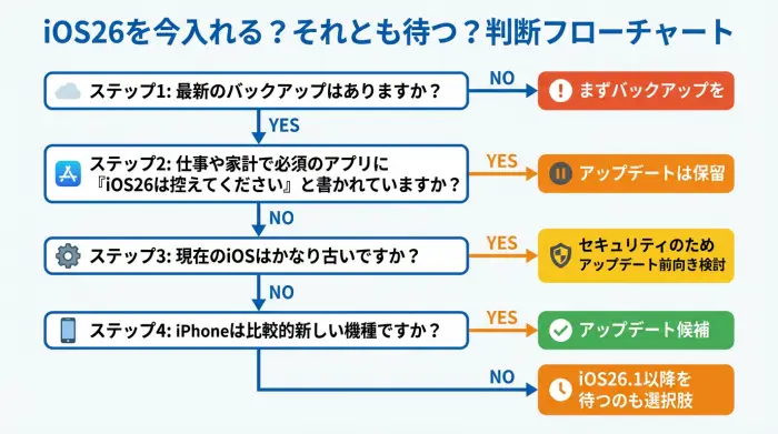iOS26へのアップデートを今行うかどうかを、バックアップ・アプリ対応・iOSバージョン・機種の新しさから判断するフローチャート図