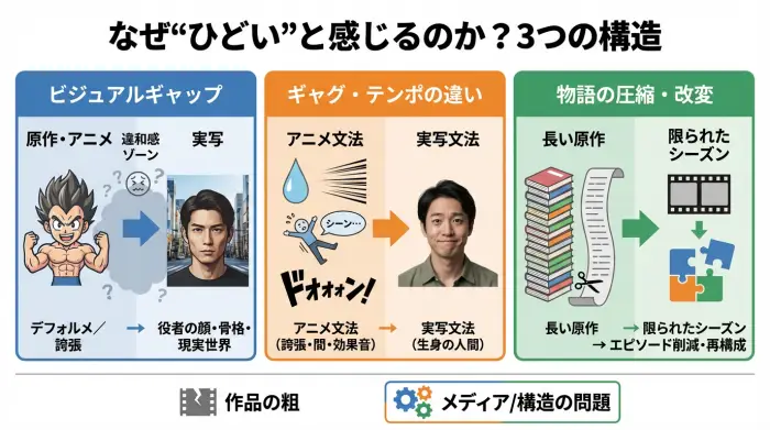 原作ファンがワンピース実写版を“ひどい”と感じる3つの原因を、ビジュアル・ギャグ・物語構成の違いという観点で整理した図解