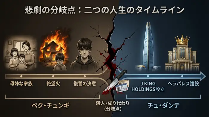 チュ・ダンテの人生の分岐点を示すタイムライン