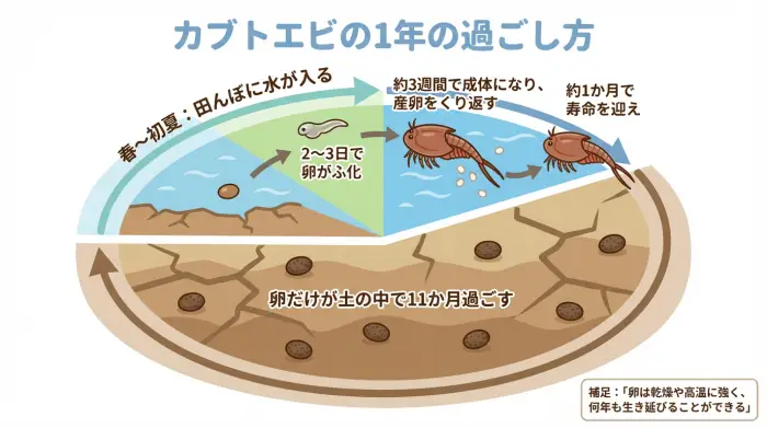 カブトエビが春にふ化して1か月ほど生き、残りの期間を卵で過ごすライフサイクルを示したタイムライン図