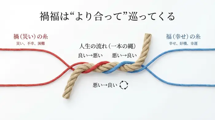 禍と福がより合わさって一本の縄になる比喩で、人生の吉凶が交互に巡ることを示す図