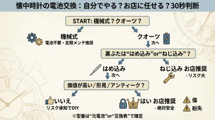 懐中時計の電池交換を自分で行うか店に依頼するか判断するフローチャート