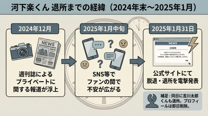 河下楽くんの報道浮上から2025年1月31日の退所発表までの時系列図解