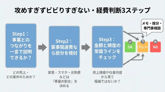 個人事業主の経費を判断する3ステップのフロー図
