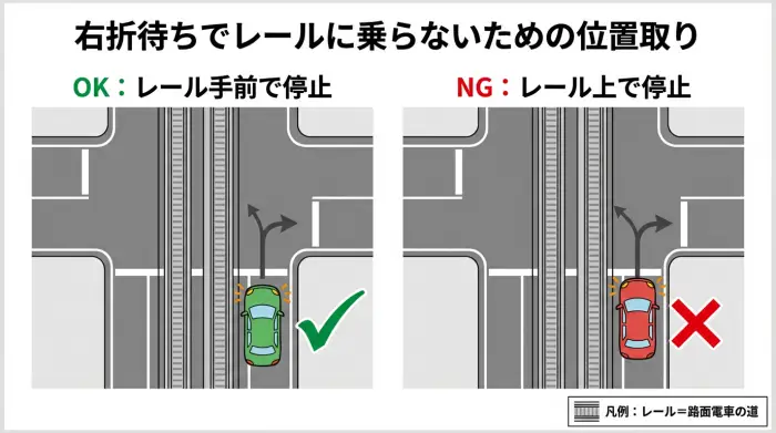 交差点で右折待ちをする車がレール手前で止まるOKパターンと、レールの上で止まるNGパターンを比較したイラスト