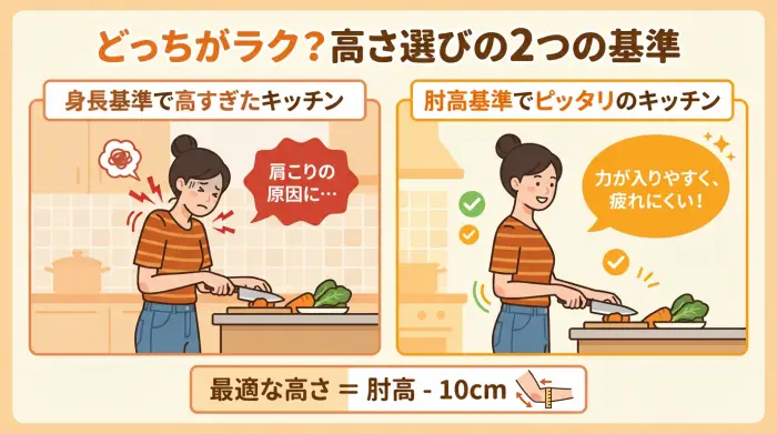 身長基準と肘高基準でキッチンに立った際の姿勢を比較するイラスト