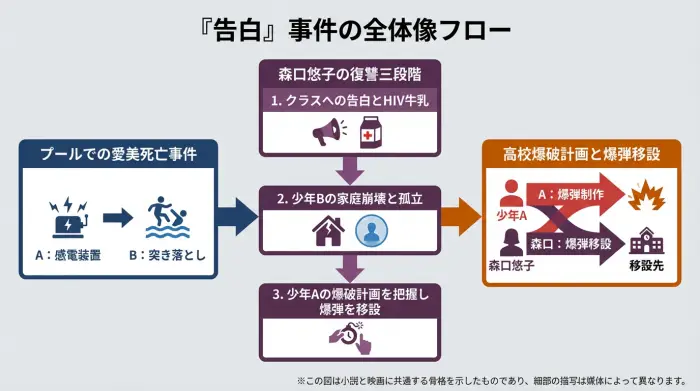 プール事件から高校爆破計画までを、森口・少年A・少年Bの役割と共に示した『告白』事件全体フロー図