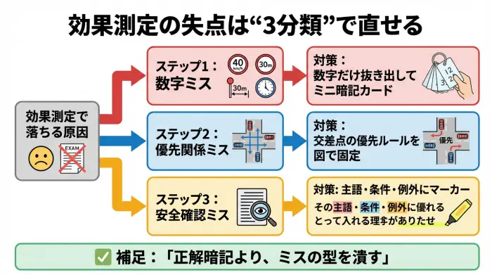 効果測定で落ちやすい原因を数字・優先・安全確認の3つに分けて対策手順を示した図