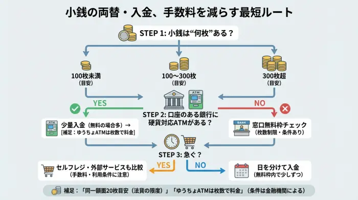 小銭の枚数と急ぎ度から最適な両替方法を選ぶフローチャート