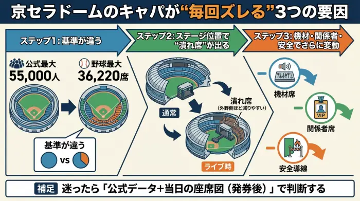 京セラドーム大阪の収容人数が55,000人でもライブ動員が変わる理由を示した図解