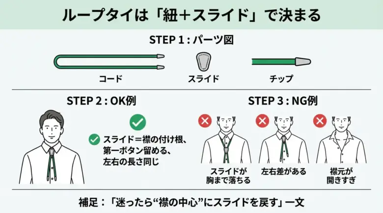 ループタイの構造と正しい付け方（スライド位置と左右差の整え方）