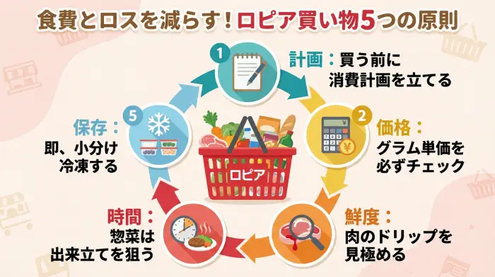 ロピアでの買い物の5つの原則を示したインフォグラフィック